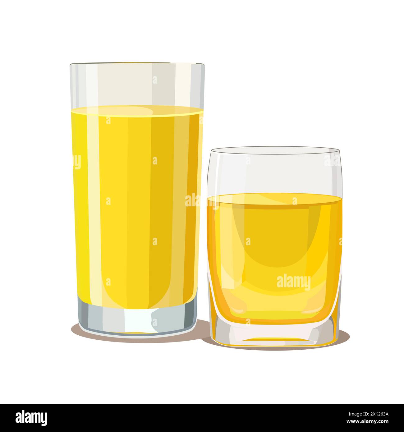 Bicchieri pieni di succo giallo isolati su sfondo bianco. Illustrazione vettoriale in stile piatto con bevanda. Clipart per scheda, banner, volantino, poster desig Illustrazione Vettoriale