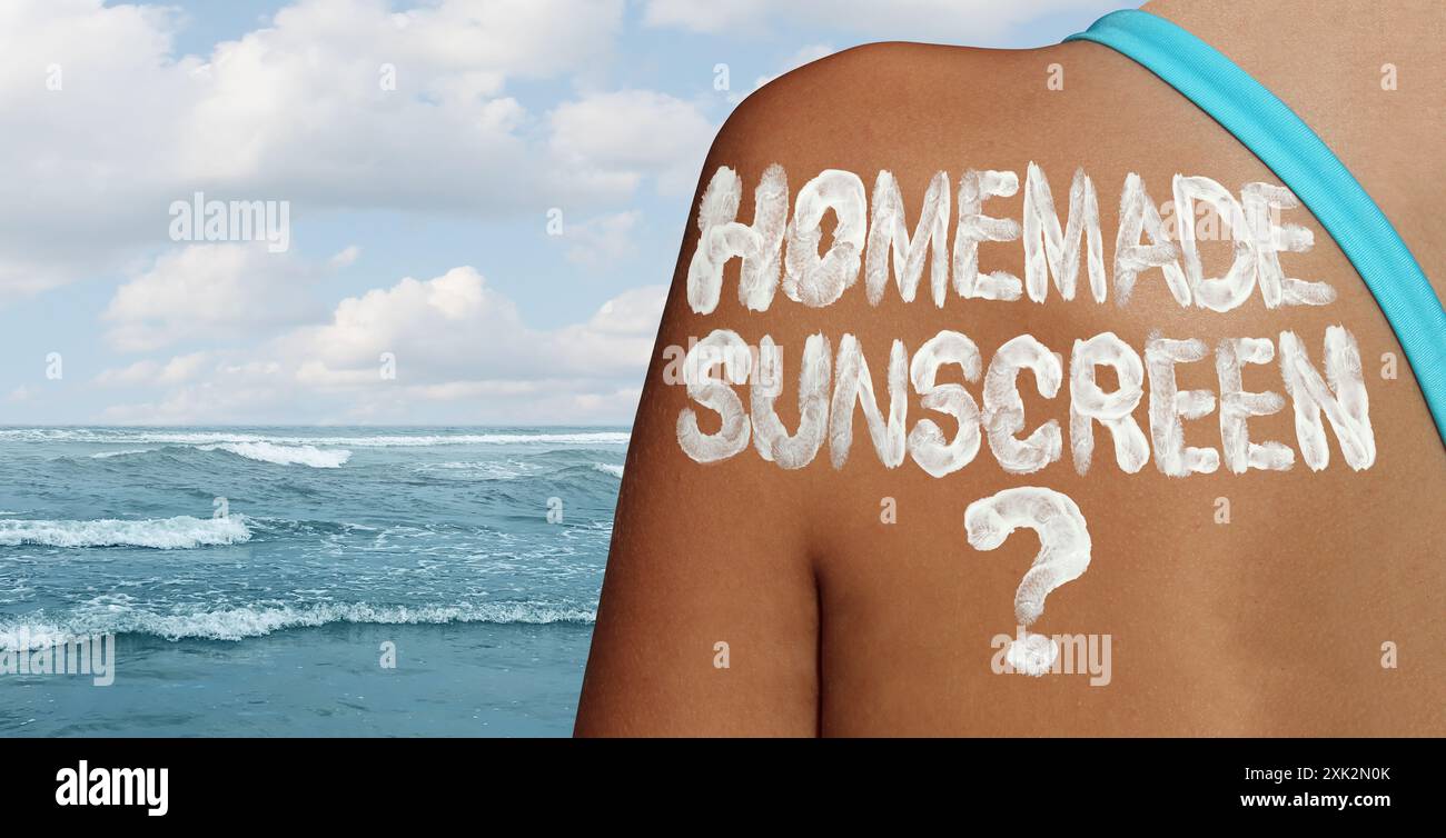 Crema solare fatta in casa o crema solare naturale fatta in casa SPF come blocchi solari o schermo solare che utilizza ossido di zinco o biossido di titanio per bloccare i raggi UV come domande su Foto Stock