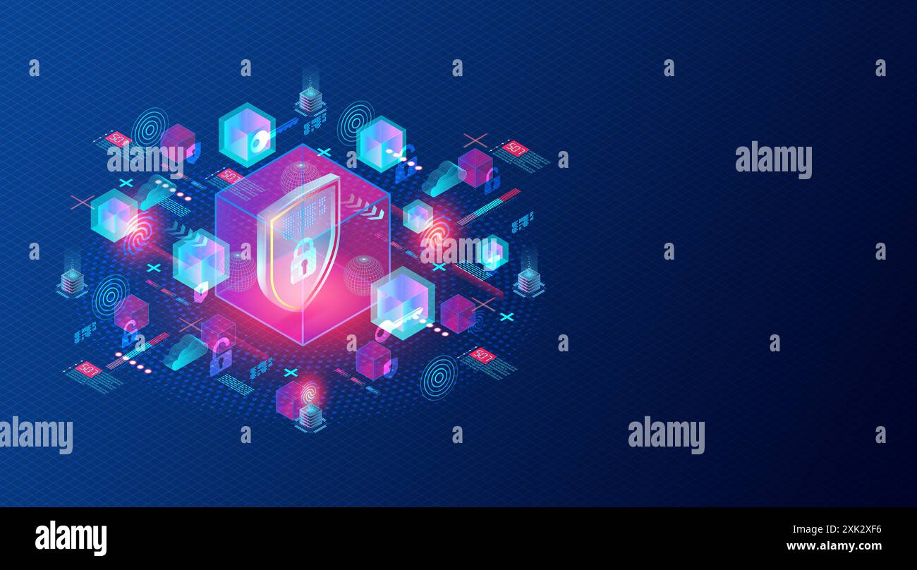Concetto di sicurezza dei contenitori - pratica di proteggere le applicazioni containerizzate dai rischi potenziali - illustrazione 3D. Foto Stock