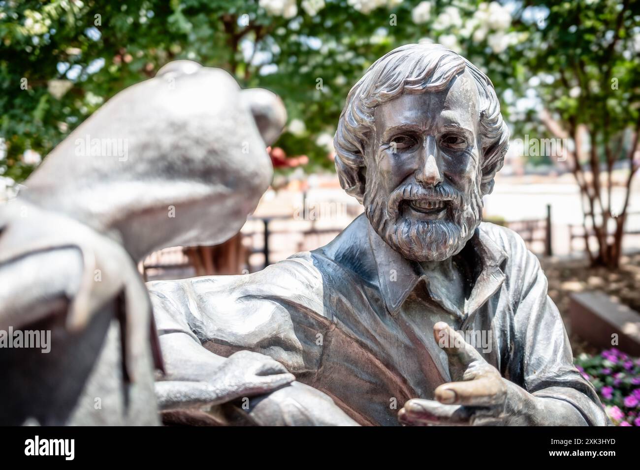 COLLEGE PARK, Maryland, Stati Uniti - il Jim Henson Memorial presso l'Università del Maryland presenta una statua in bronzo del famoso burattinaio con la sua famosa creazione, Kermit the Frog. Henson, un ex allievo dell'Università del Maryland, è raffigurato seduto su una panchina in una posa rilassata. Il memoriale, situato fuori dalla Adele H. Stamp Student Union, onora l'eredità creativa di Henson e il suo legame con l'università. Foto Stock