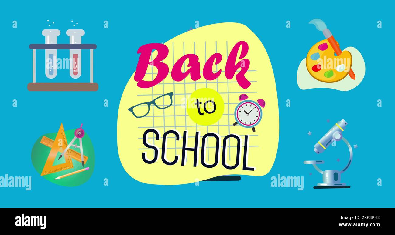 Immagine digitale del testo Back to School sulle icone del concetto scolastico su sfondo blu Foto Stock