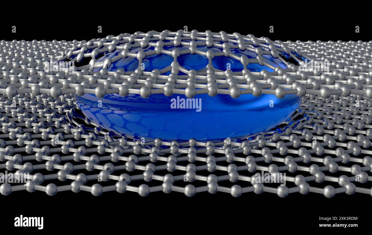 Rendering 3D di una cella liquida di grafene. Consente agli scienziati di studiare materiali e processi a livello atomico all'interno di un ambiente liquido Foto Stock
