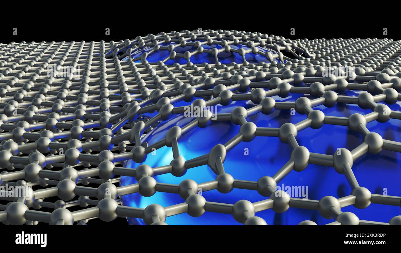 Rendering 3D di una cella liquida di grafene. Consente agli scienziati di studiare materiali e processi a livello atomico all'interno di un ambiente liquido Foto Stock