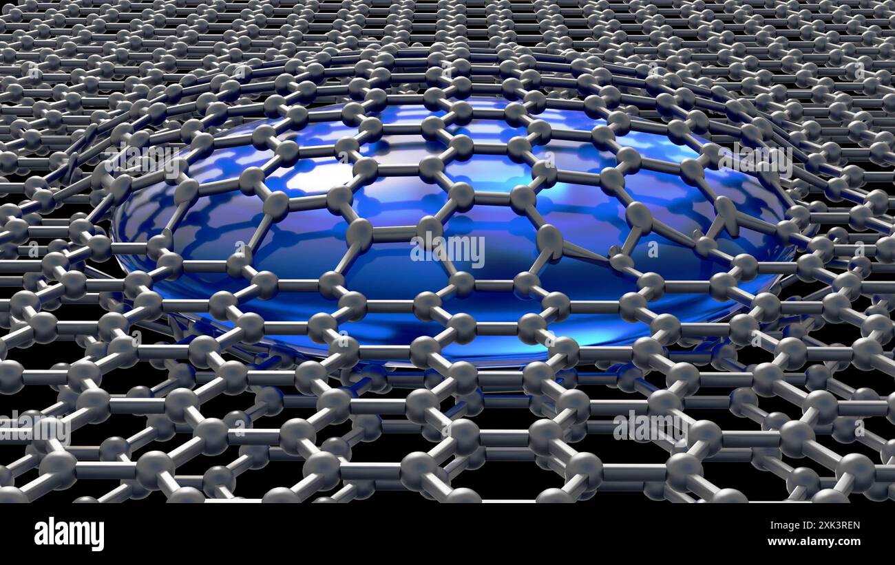 Rendering 3D di una cella liquida di grafene. Consente agli scienziati di studiare materiali e processi a livello atomico all'interno di un ambiente liquido Foto Stock