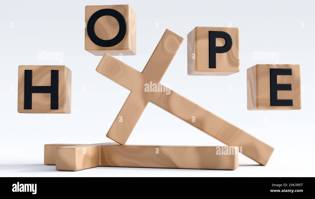 Rendering 3D di quattro cubi di legno isolati, ciascuno con una lettera della parola "SPERANZA" Foto Stock