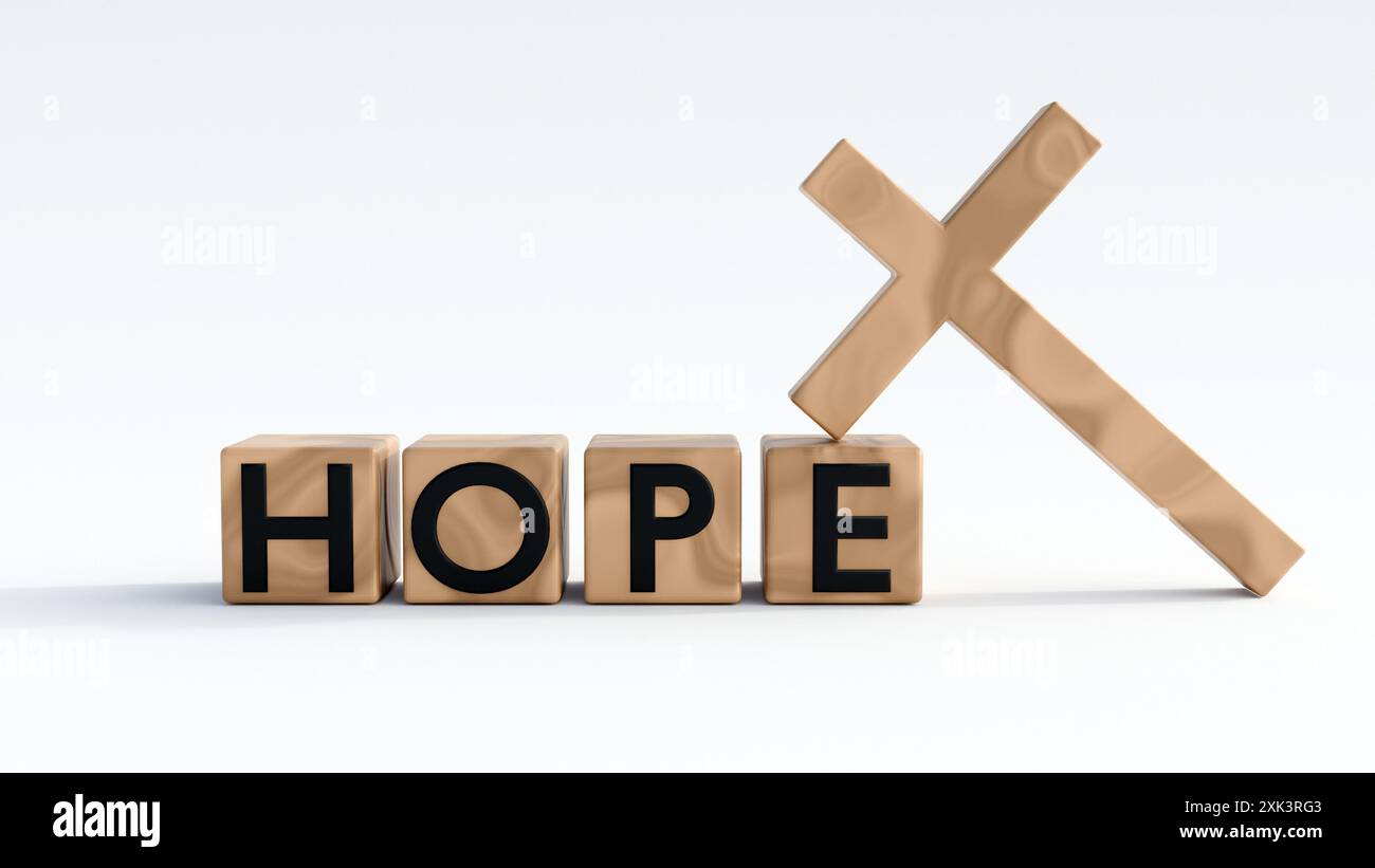 Rendering 3D di quattro cubi di legno isolati, ciascuno con una lettera della parola "SPERANZA" Foto Stock