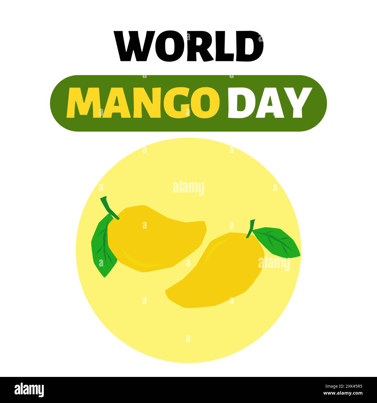 Giornata Mondiale del Mango. 22 luglio. Due mango con foglia isolata su forma rotonda gialla su sfondo bianco. Post e modello sui social media. Illustrazione Vettoriale