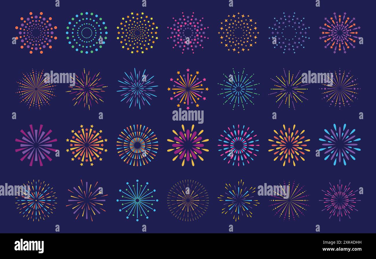 Set di fuochi d'artificio astratti con schema a raffica. Collezione di motivi geometrici pirotecnici a forma di stella piatta e colorata isolata su sfondo blu. Festeggiamenti di Carnevale Illustrazione Vettoriale