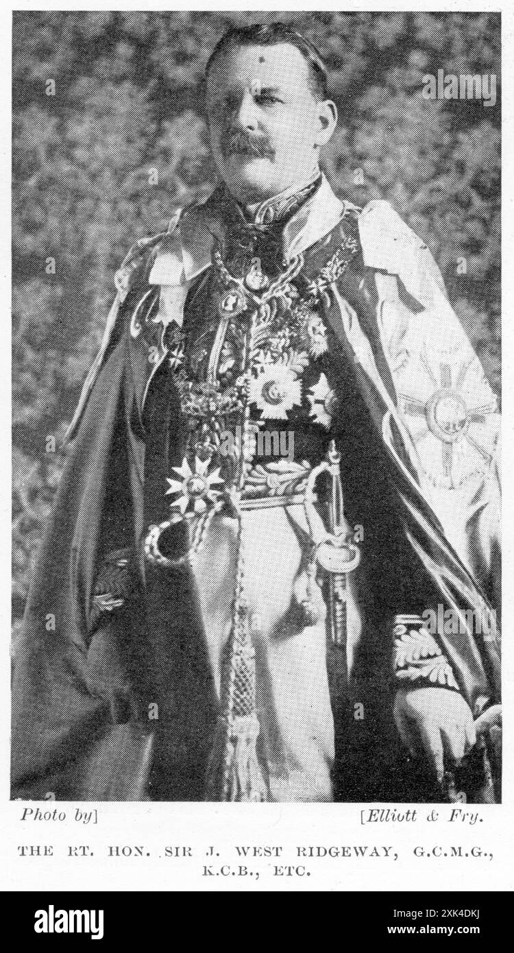 Ritratto di Sir Joseph West Ridgeway, GCB, GCMG, KCSI, PC (IRE) (1844 – 1930), un funzionario e governatore coloniale britannico. Era conosciuto come 'Sir West Ridgeway'. Ridgeway fu governatore del Ceylon britannico (Sri Lanka) dal 1896 al 1903 e dell'Isola di Man dal 1893 al 1895. Pubblicato intorno al 1914. Fu coinvolto nelle accuse di sodomia e molestie su minori contro Hector Archibald MacDonald, comandante delle forze britanniche a Ceylon. Foto Stock
