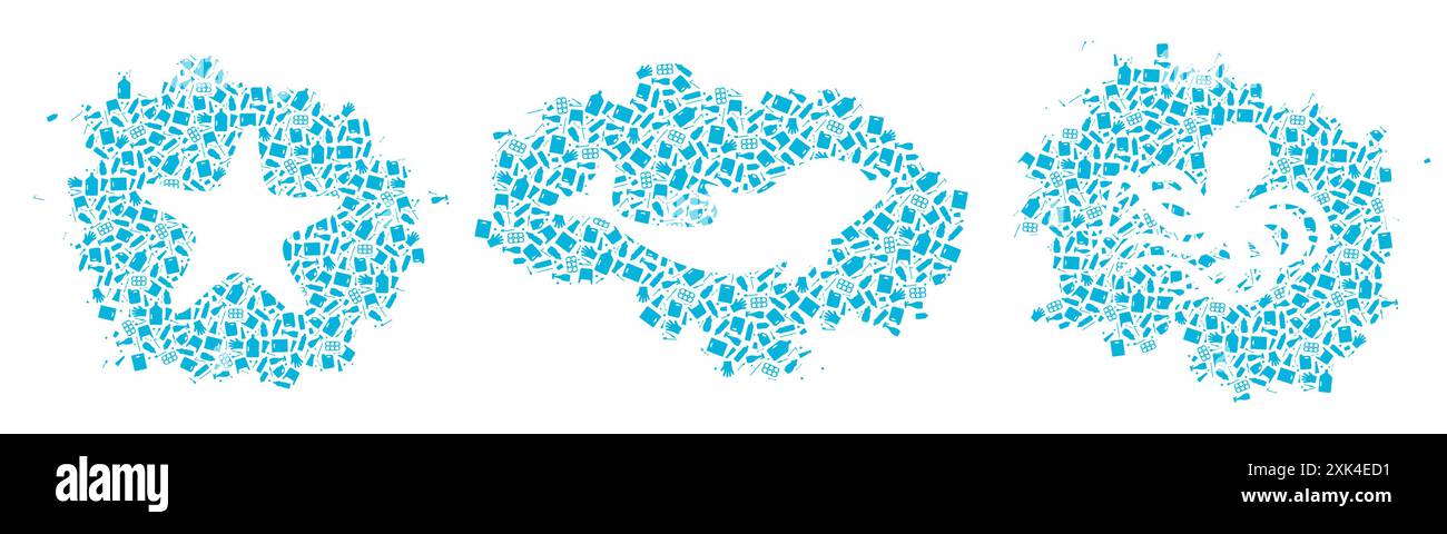Fermare l'illustrazione del vettore del concetto di inquinamento da plastica oceanica. Silhouette di animali marini tagliata in una macchia piatta di plastica, isolata su sfondo bianco. Illustrazione Vettoriale
