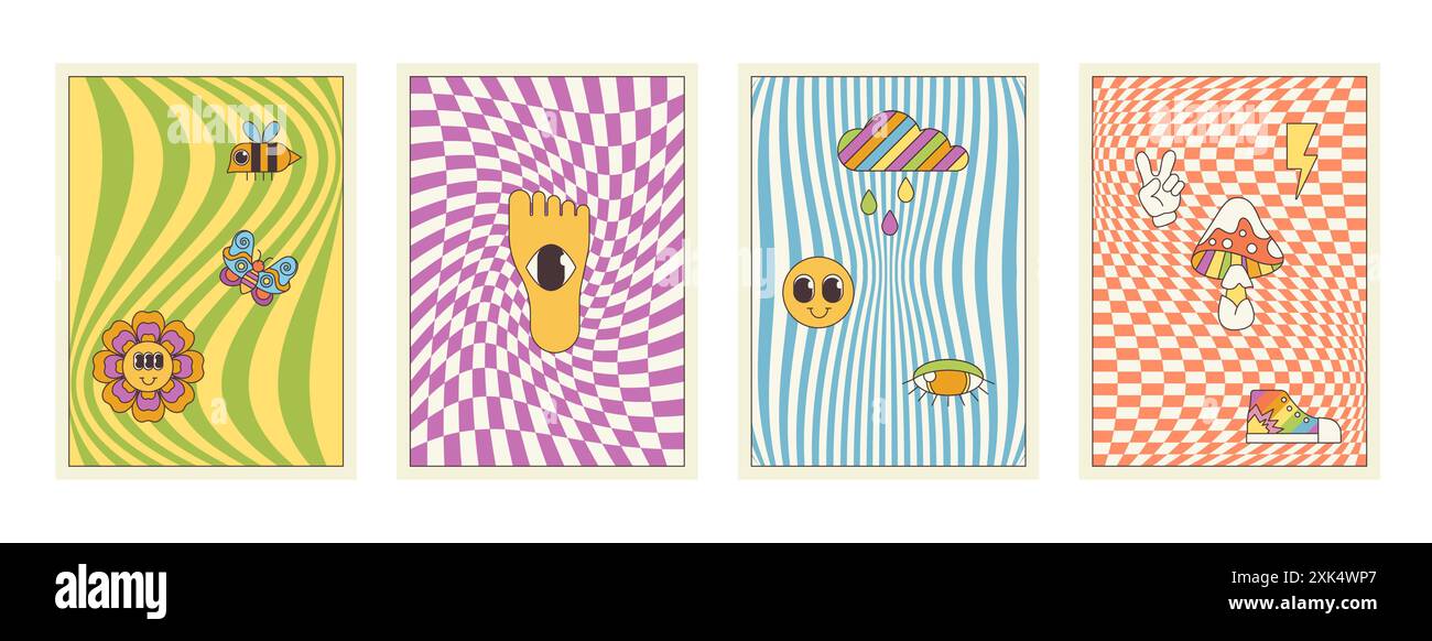 Set di motivi psichedelici cartoni animati. Scacchiera trippy e linee zebra texture con fiori di emoji hippie, funghi magici e occhi, collezione di sfondi di illustrazione vettoriale in stile anni '70 e '80 Illustrazione Vettoriale