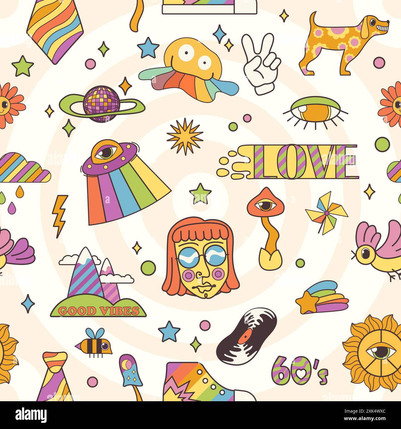 Pattern psichedelico senza cuciture con emoji hippy e set di personaggi. Divertente UFO retrò che vola sull'arcobaleno, parola amore, emoticon distorte. Sfondo fresco di illustrazione vettoriale anni '70 anni '60 Illustrazione Vettoriale