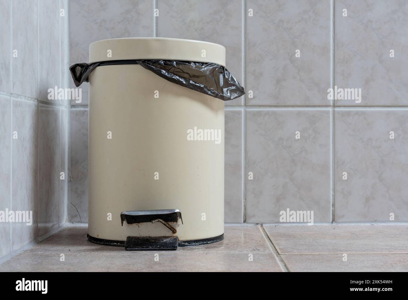 coperchio del pedale contenitore di rifiuti nell'angolo di un bagno Foto Stock