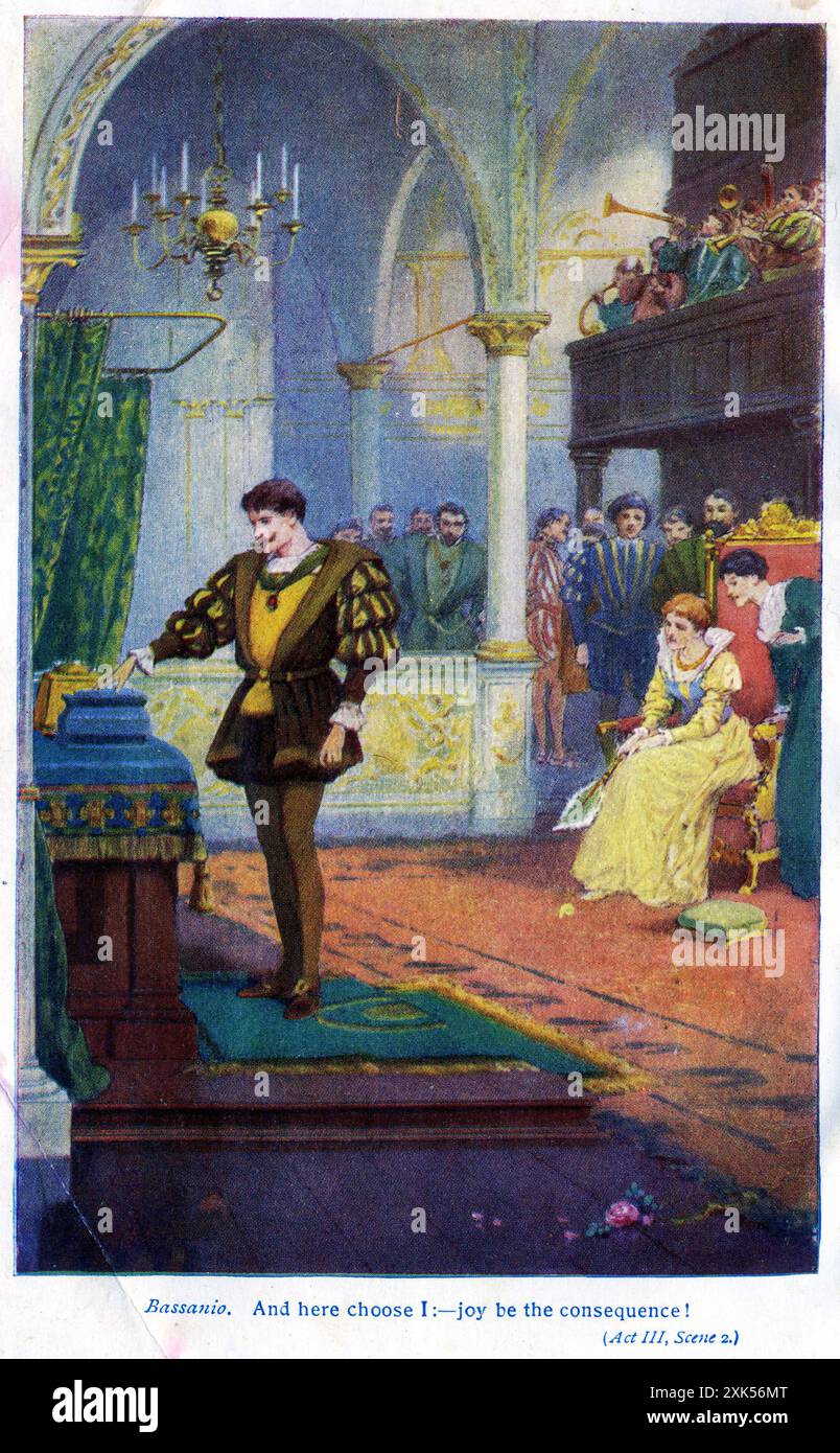 Bassanio in una scena del Mercante di Venezia di Shakespeare. Bassanio, il migliore amico di Antonio, è un spendthrift che sprecò tutti i suoi soldi per essere visto come un uomo rispettabile. Per riguadagnare la sua fortuna, è determinato a sposare Portia, una ricca e intelligente erede di Belmont. Foto Stock