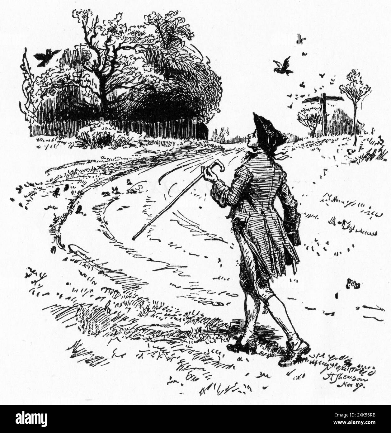 Incisione di un gentiluomo inglese che fa una passeggiata nella campagna Foto Stock