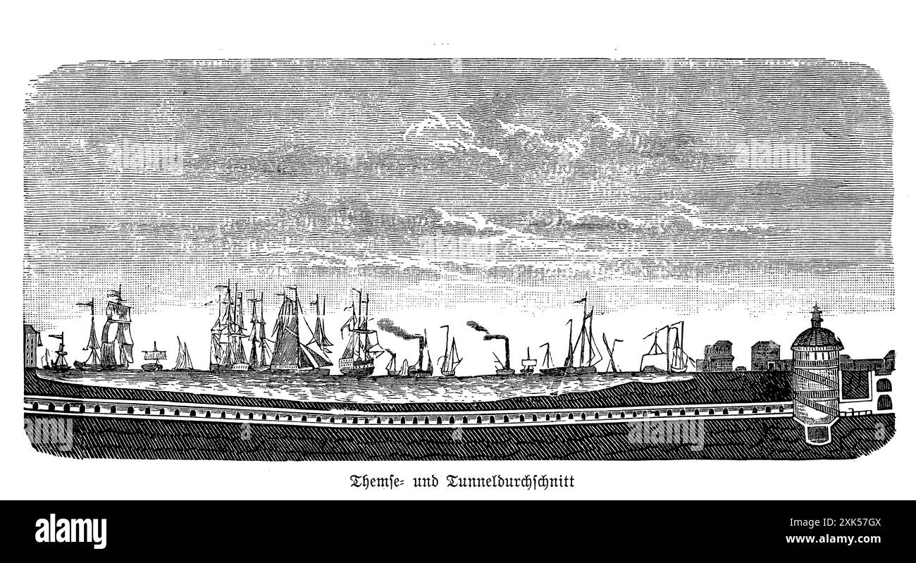 La sezione a tunnel sotto il Tamigi, completata nel XIX secolo, rappresenta un risultato rivoluzionario nell'ingegneria civile. Conosciuto come il Tamigi Tunnel, è stato progettato da Marc Isambard Brunel e suo figlio Isambard Kingdom Brunel. Completato nel 1843, è stato il primo tunnel subacqueo al mondo, inizialmente destinato a carrozze trainate da cavalli, ma successivamente utilizzato da pedoni e infine treni. La costruzione del tunnel impiegava tecniche innovative come lo scudo per scavi di tunnel, segnando un significativo progresso nello scavo sottomarino e influenzando il futuro mondo dell'ingegneria dei tunnel Foto Stock