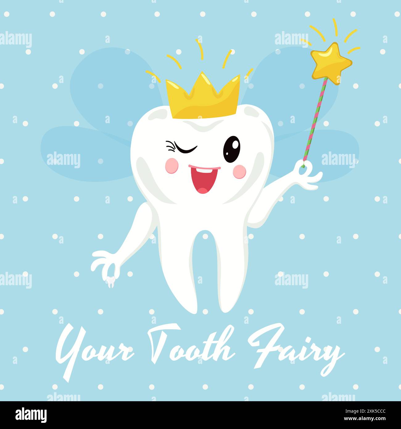 Simpatico personaggio della fata dei denti felici che indossa una corona con una bacchetta magica. Carattere dentale per l'odontoiatria dei bambini. Tessera National Tooth Fairy Day. Illustrazione Vettoriale