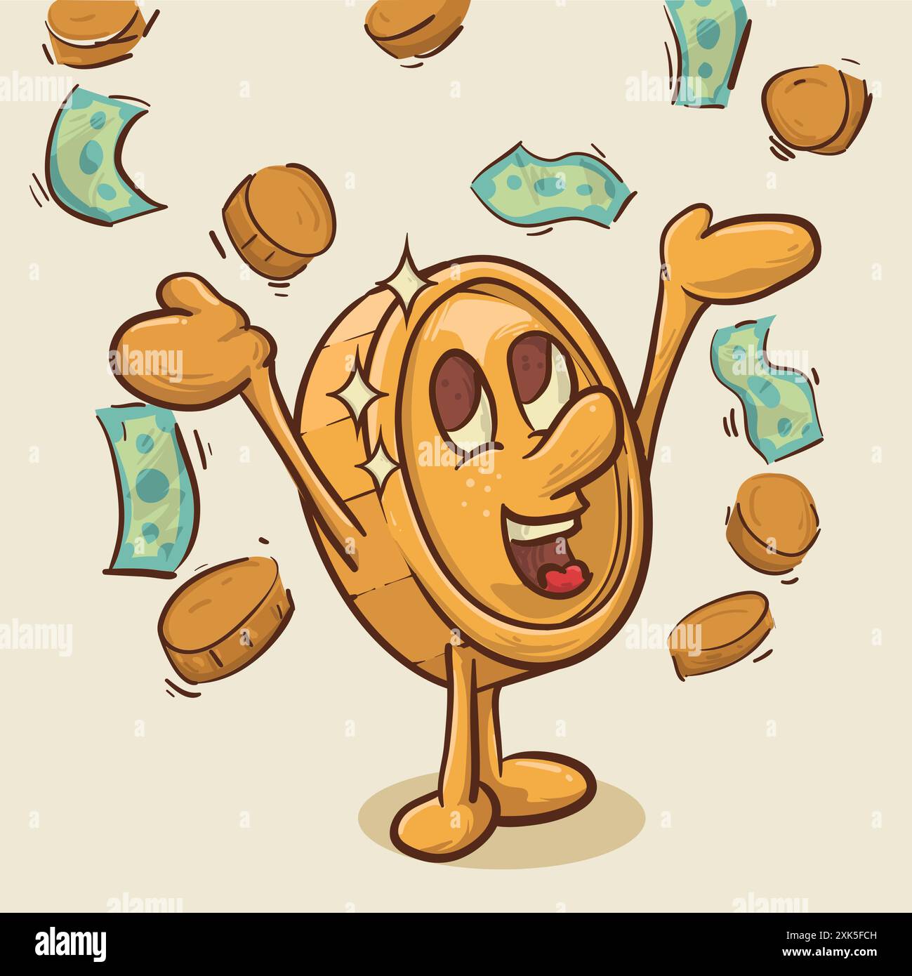 i soldi piove. una brillante mascotte di monete nel bel mezzo del concetto di denaro cadente. illustrazione vettoriale dei personaggi dei cartoni animati di una mascotte in stile vintage Illustrazione Vettoriale