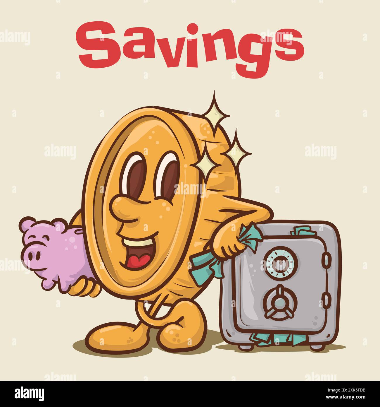 concetto di risparmio. fai brillare la mascotte con un sorriso che tiene il salvadanaio davanti e risparmia denaro. la mascotte in stile vintage del personaggio dei cartoni animati vecto Illustrazione Vettoriale