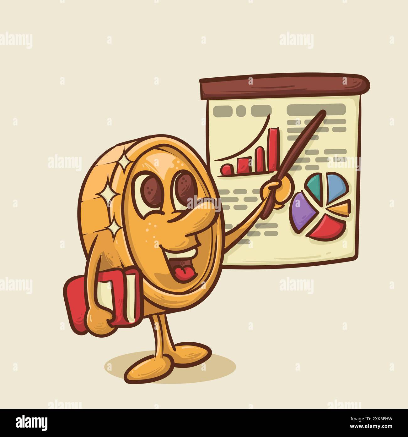 concetto di relazione finanziaria. shine coin mascotte che presenta il concetto di grafico finanziario. mascotte in stile vintage, immagine vettoriale dei personaggi dei cartoni animati Illustrazione Vettoriale