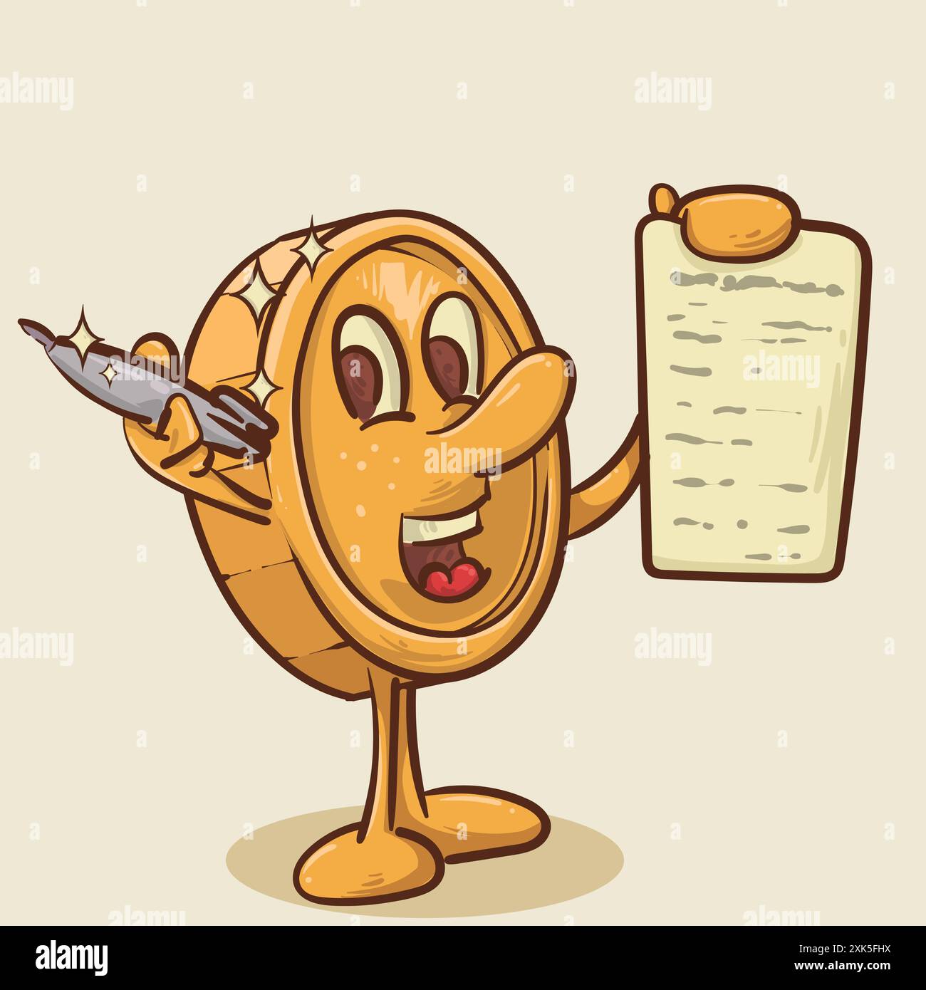 conept. carta legale shine coin mascotte che presta una penna per firmare un concetto di documento legale.immagine vettoriale di personaggi di cartoni animati in stile vintage Illustrazione Vettoriale