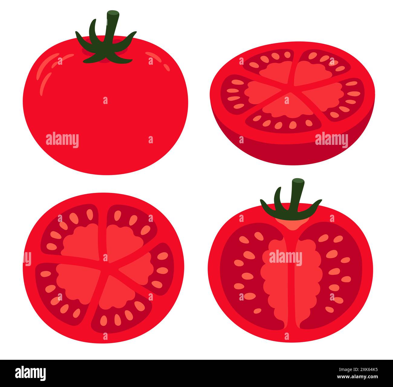 Set di pomodori cartoni animati disegnati a mano. Verdure intere e sezione trasversale tagliate. Illustrazione grafica del clip vettoriale isolato. Illustrazione Vettoriale
