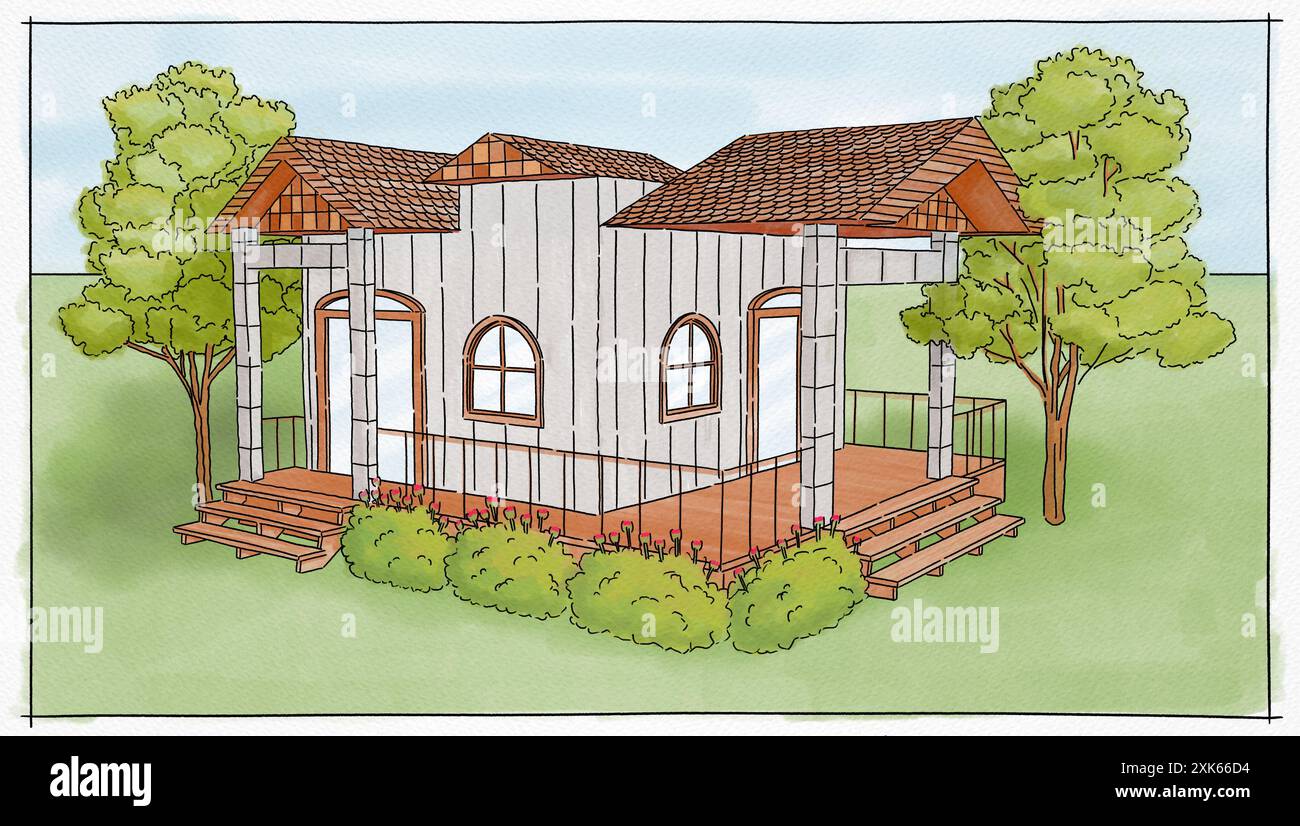 Disegno di Digital Perspective Architecture degli esterni di una casa in legno su carta a trama. Verde, marrone, colore grigio acquerello con tetto, landsca Foto Stock