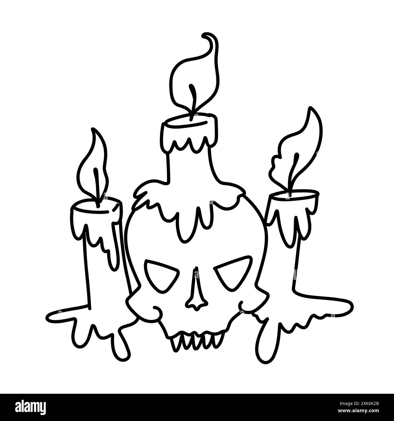 Illustrazione vettoriale del cranio con candele di Halloween. Le candele si fondono su un cranio in un contorno di doodle che riproducono lo stile artistico Foto Stock