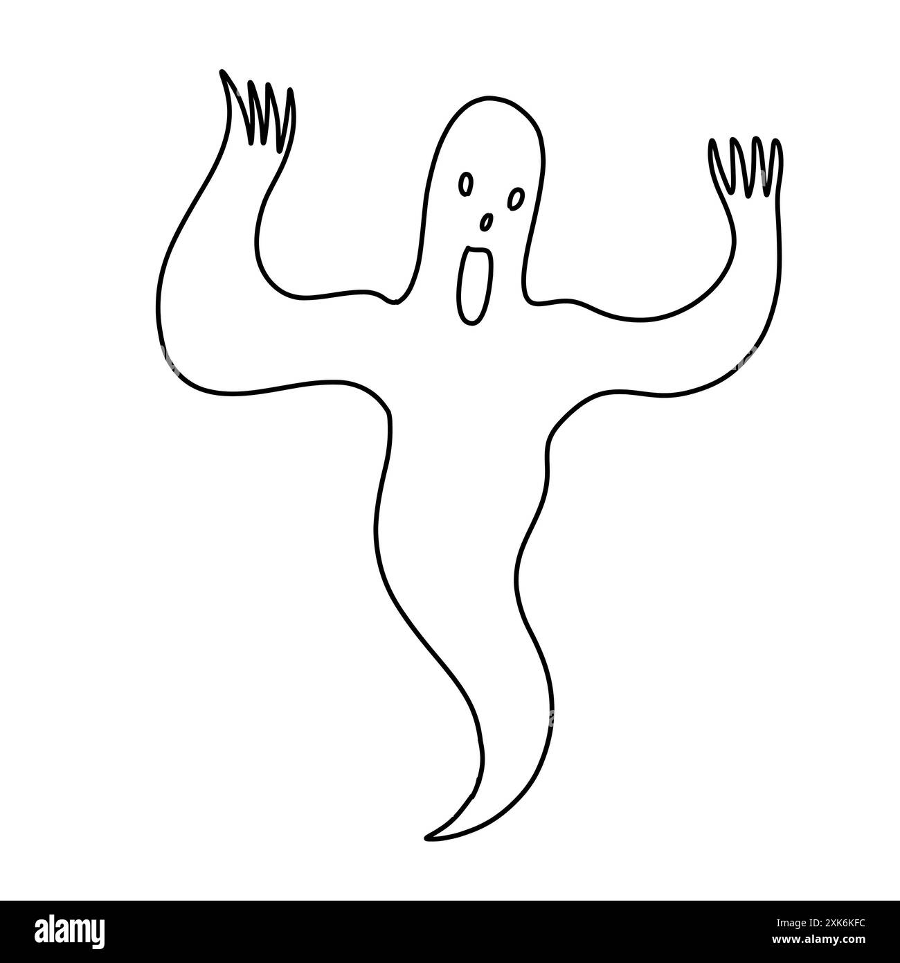 Un fantasma minimalista disegnato a mano con braccia alzate e un'espressione di sorpresa, perfetto per i temi di Halloween Foto Stock