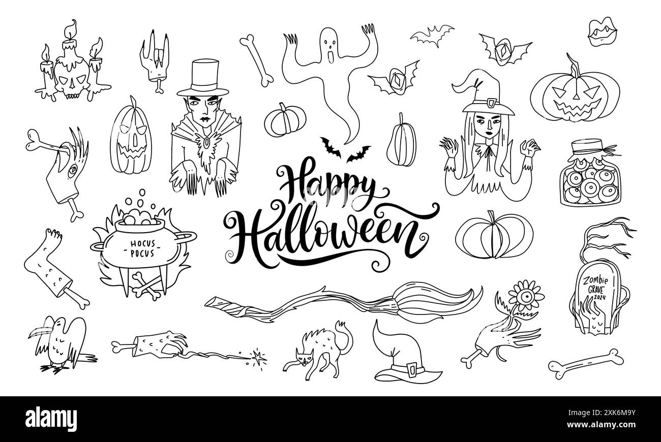 Set di illustrazioni a tema Halloween in stile grafico disegnato a mano. Strega in costume con vampiro e fantasma, calderone e scopa, pipistrello e. Foto Stock Set di illustrazioni a tema Halloween in stile grafico disegnato a mano. Strega in costume con vampiro e fantasma, calderone e scopa, pipistrello e. Foto Stock