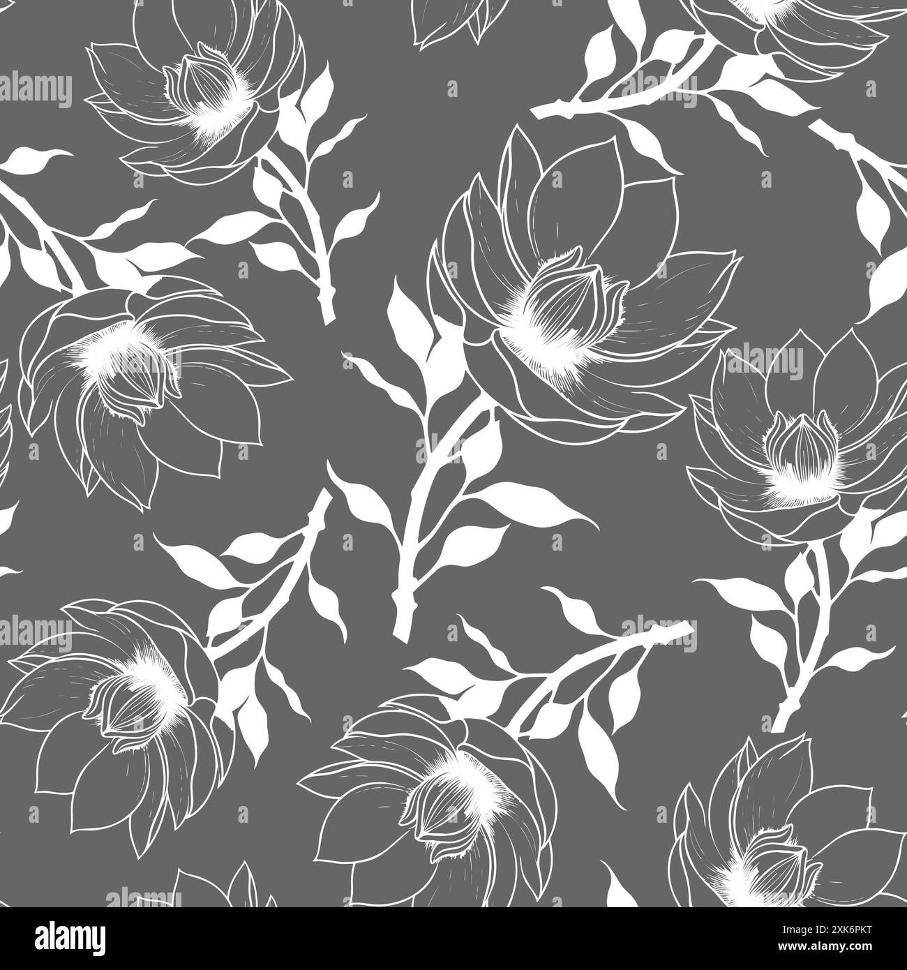 semplice motivo grafico senza cuciture di fiori magnolia bianchi su sfondo grigio, texture Foto Stock