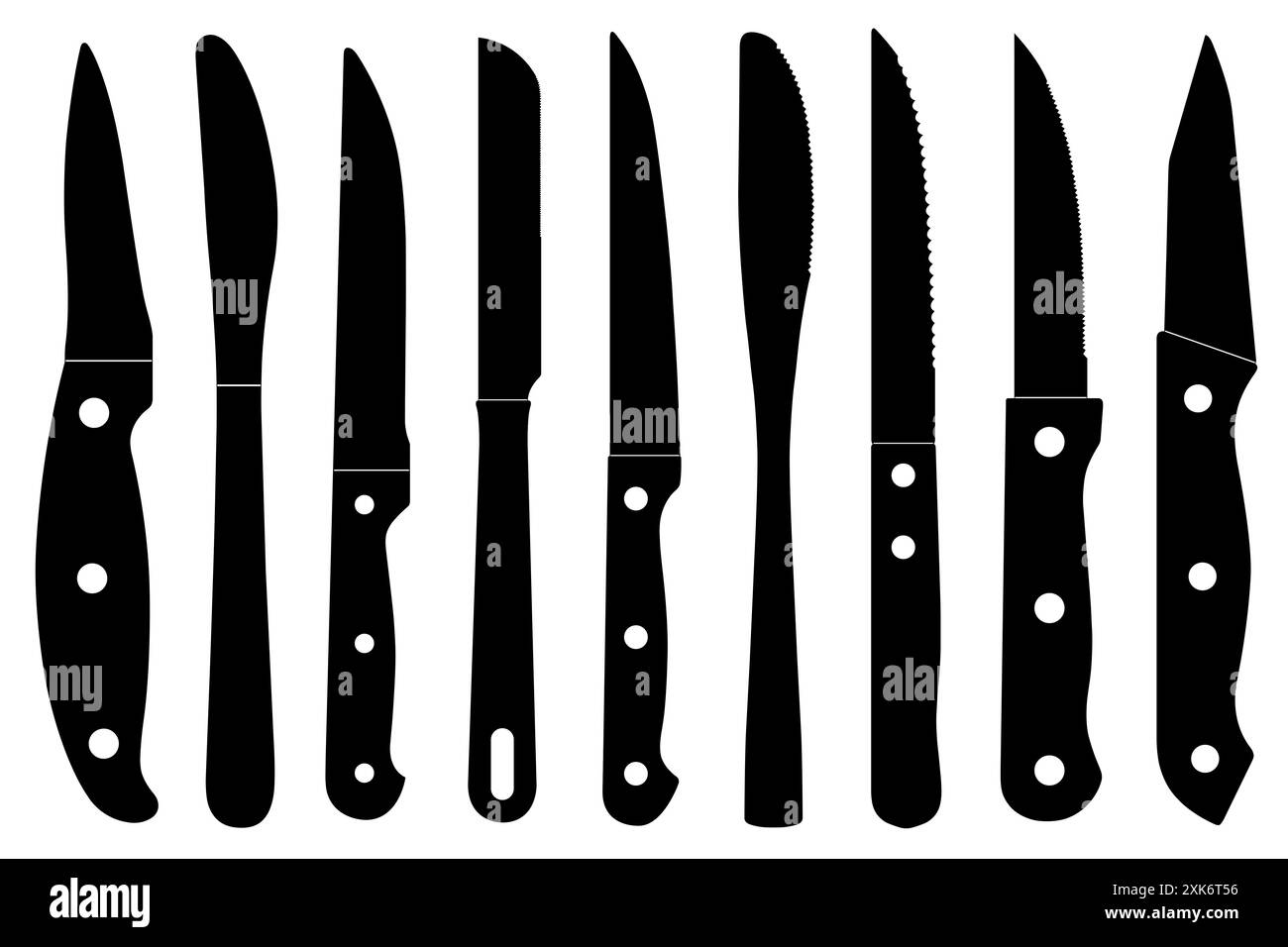 Set di diverse illustrazioni di coltelli da cucina isolate su bianco Foto Stock