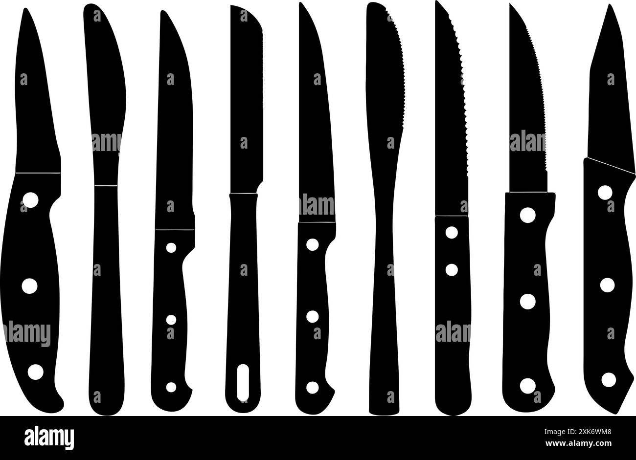 Set di diverse illustrazioni di coltelli da cucina isolate su bianco Illustrazione Vettoriale