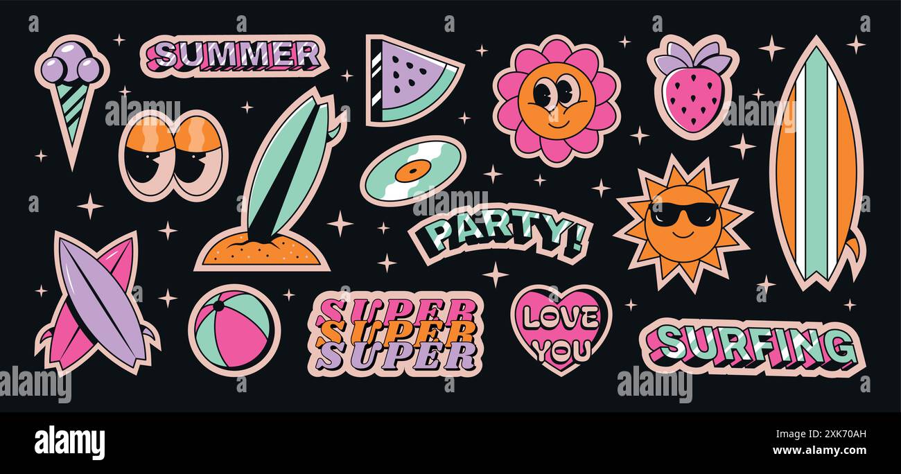 Adesivi estivi retrò. Badge surf Beach party. Vacanza con tavola da surf. icone di viaggio degli anni '90. Emoji di fiori. Sole con occhiali da sole. Cocktail e chill-out. Gelato alla frutta. Set di etichette vettoriali dei cartoni animati Illustrazione Vettoriale