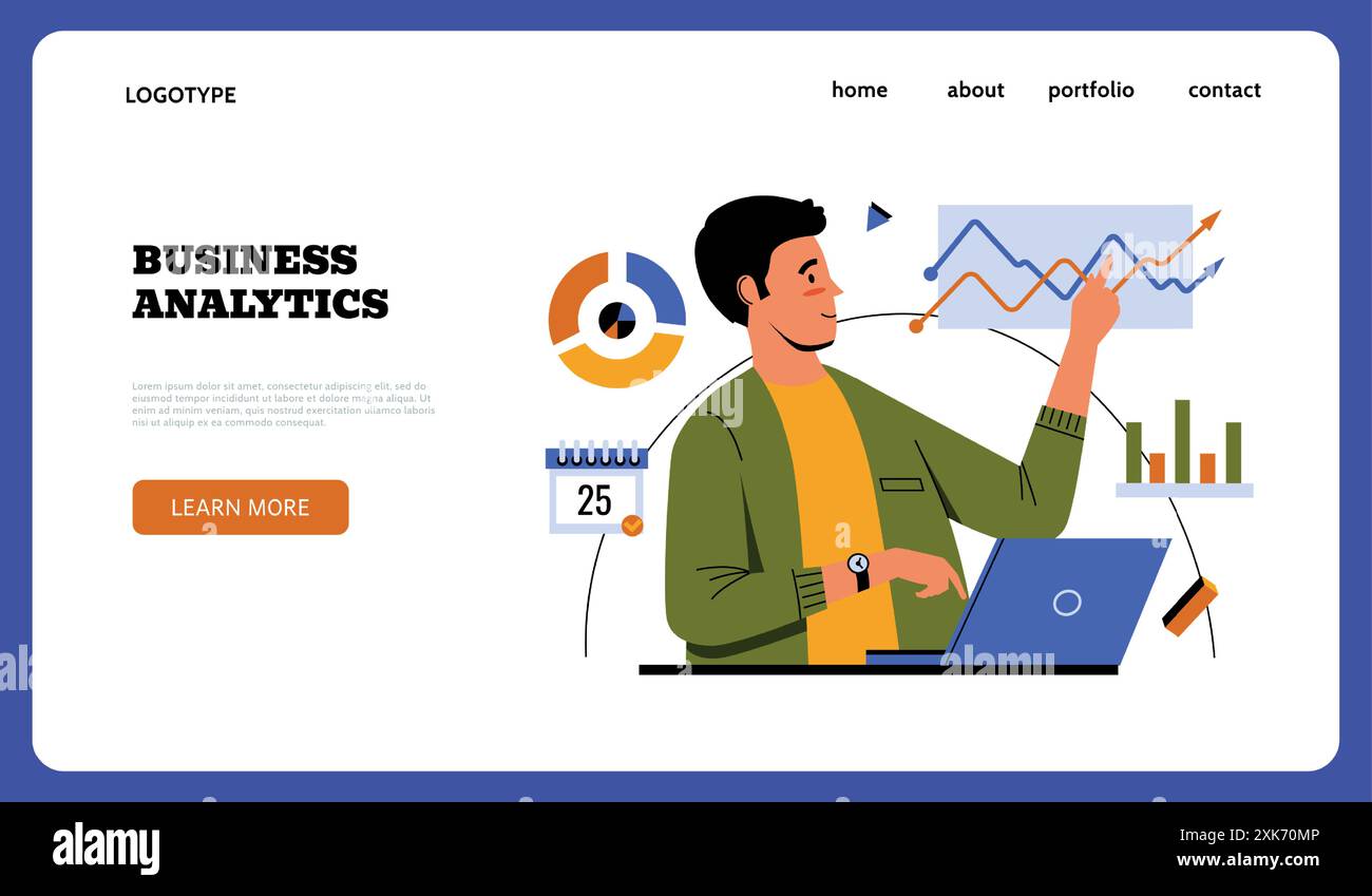 Pagina di destinazione Business Analytics. Uomo che mostra infografica. Diagramma di progetto. Modello di progettazione del sito Web. Informazioni statistiche dell'ufficio. Analista professionista. Uomo d'affari che presenta grafici. Sfondo vettoriale Illustrazione Vettoriale