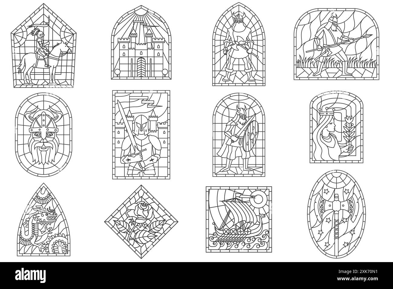 Set di vetrate colorate medievali. Decorazioni a mosaico gotico colorato per gli interni. Illustrazione vettoriale. Vichinghi, cavalieri, principessa, rosa Illustrazione Vettoriale