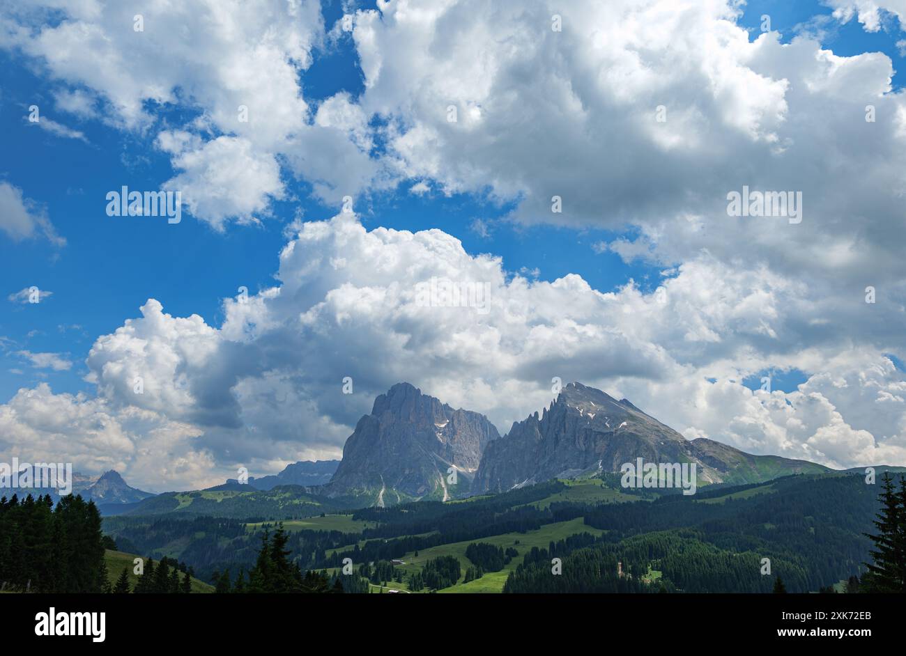 L'Alpe di Siusi (in ladino: Mont Sëuc) è un altopiano dolomitico e il più grande prato alpino d'Europa. Situato in Italia Foto Stock