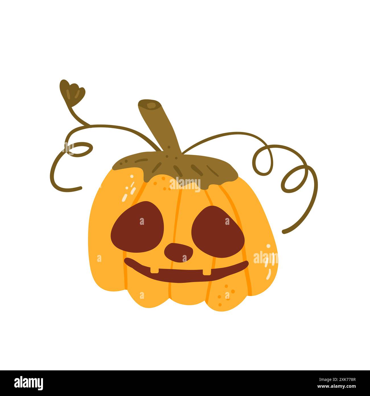 Lanterna intagliata isolata su sfondo bianco. Verdura matura autunnale con aspetto stilizzato e texture e volto spettrale. Zucca di Halloween con tendini e foglie. VEC Illustrazione Vettoriale