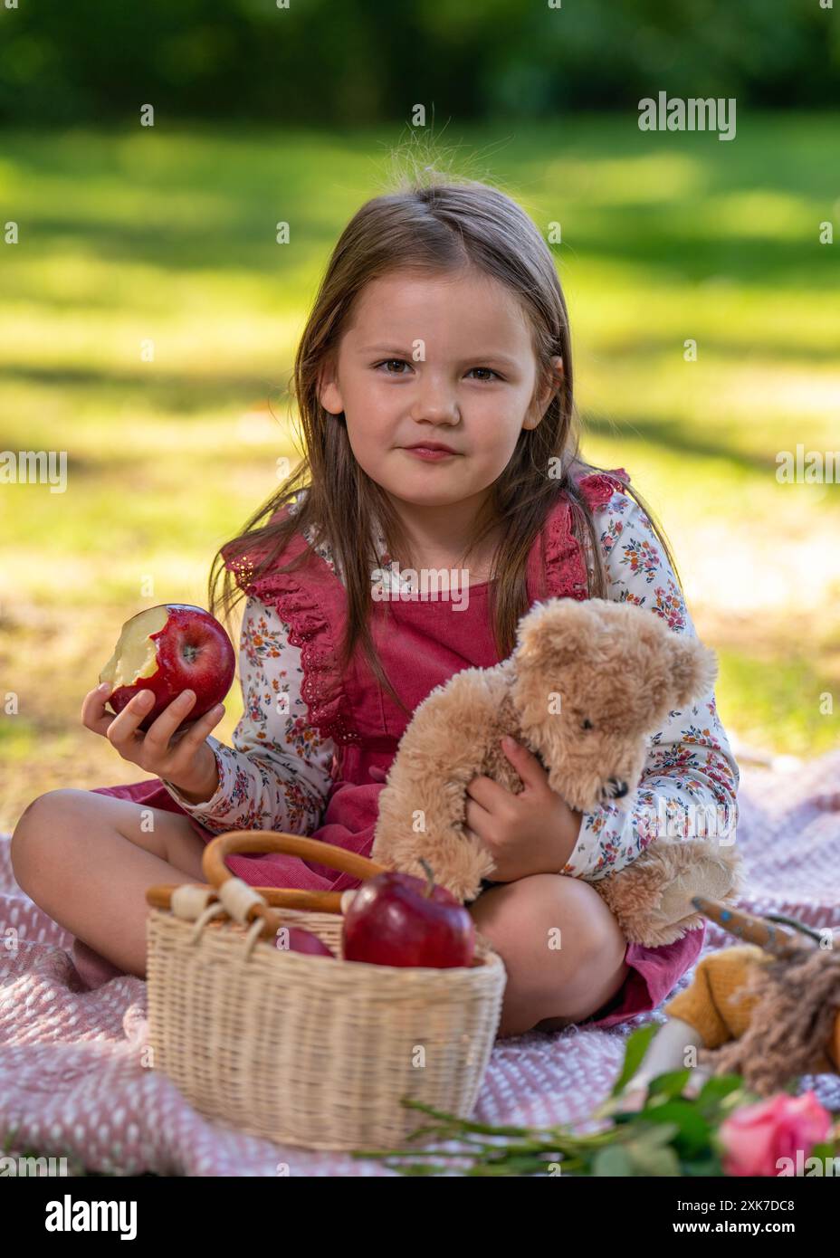 Ritratto di una bambina carina in un picnic. Il bambino tiene in mano una mela rossa e sorride; c'è un cestino di frutta e un orsacchiotto nelle vicinanze Foto Stock