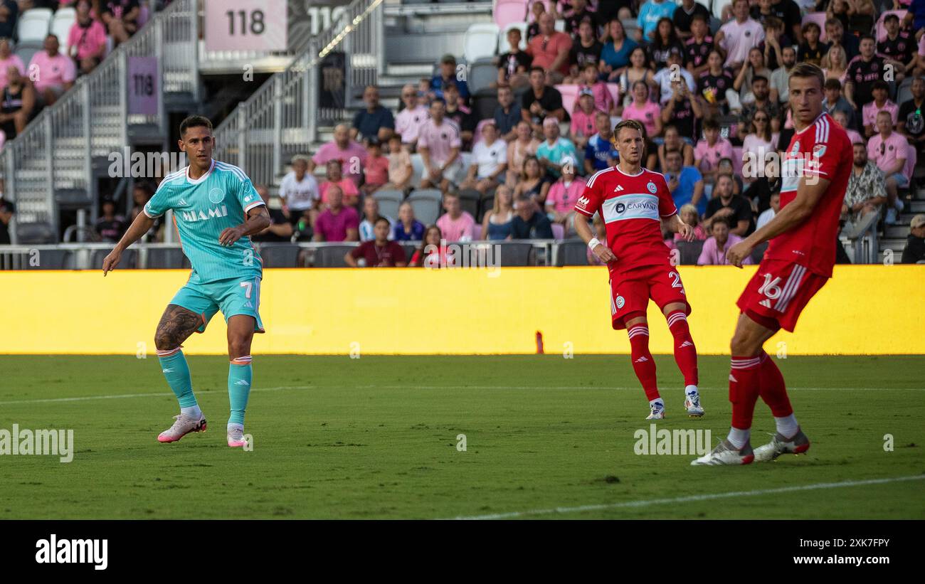 Fort Lauderdale, USA, 20 luglio 2024, Matias Rojas tira in porta. Inter Miami CF vs Chicago FC, MLS, foto di Chris Arjoon/American Presswire Foto Stock