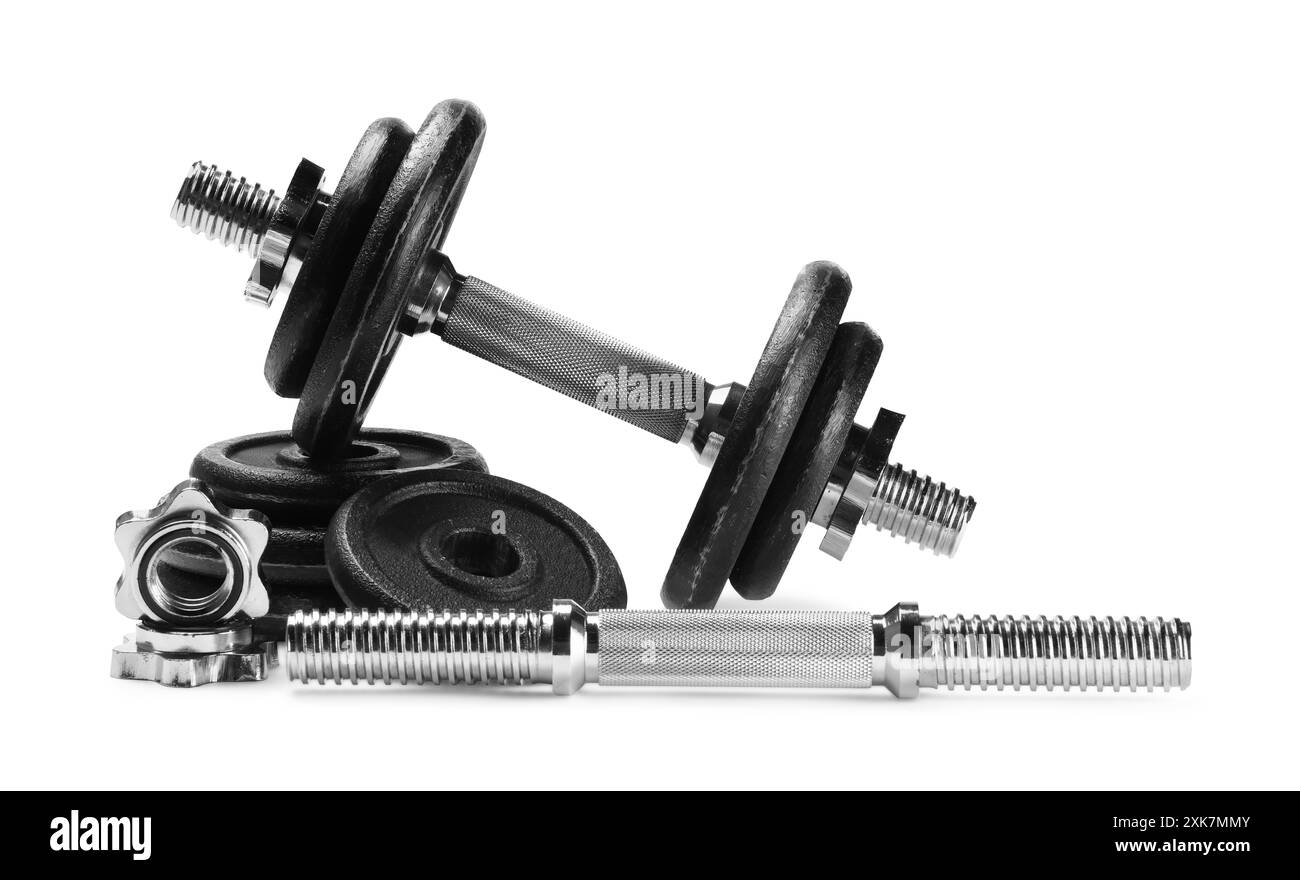 Barbell e parti di uno isolato sul bianco Foto Stock