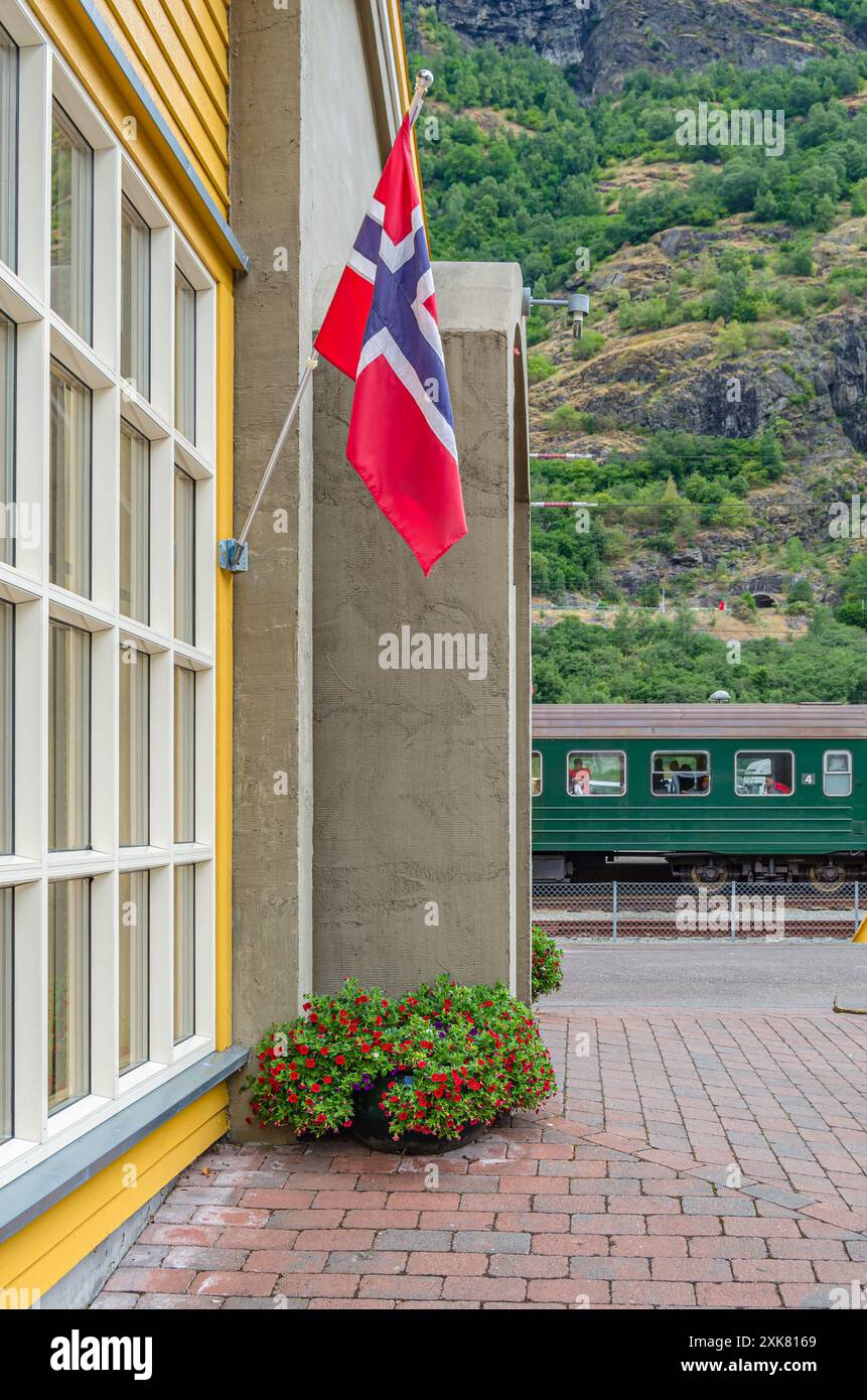 FLAM, NORVEGIA - 16 LUGLIO 2014: Museo ferroviario di Flam presso la stazione ferroviaria di Flam. La Flam Railway (Flamsbana) è una linea ferroviaria tra Myrdal e Flam Foto Stock