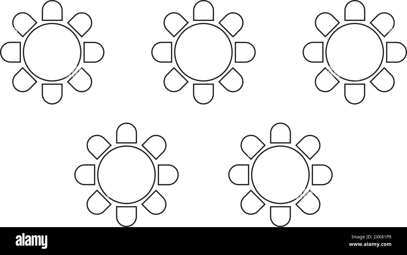 Disposizione dei posti a sedere in Cafe o ristorante. Icone di tavoli e sedie isolate su sfondo bianco. Vista dall'alto per banchetti o ricevimenti nuziali Illustrazione Vettoriale
