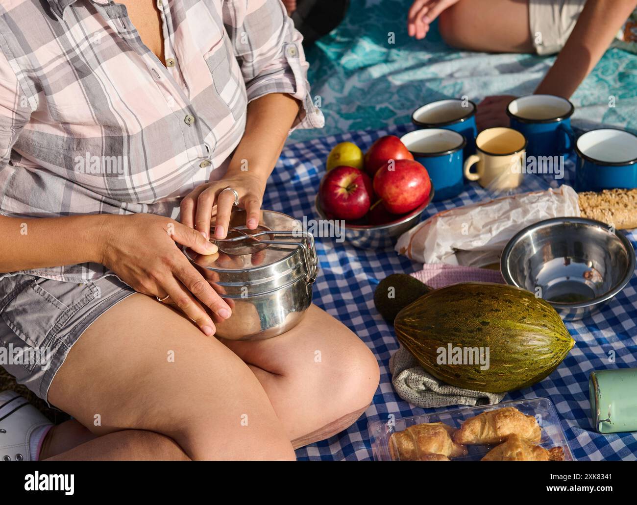 Una vivace scena picnic con gli amici riuniti intorno a frutta fresca, prodotti da forno e bevande su una coperta a quadri. Una persona con una camicia a quadri apre un cibo c Foto Stock