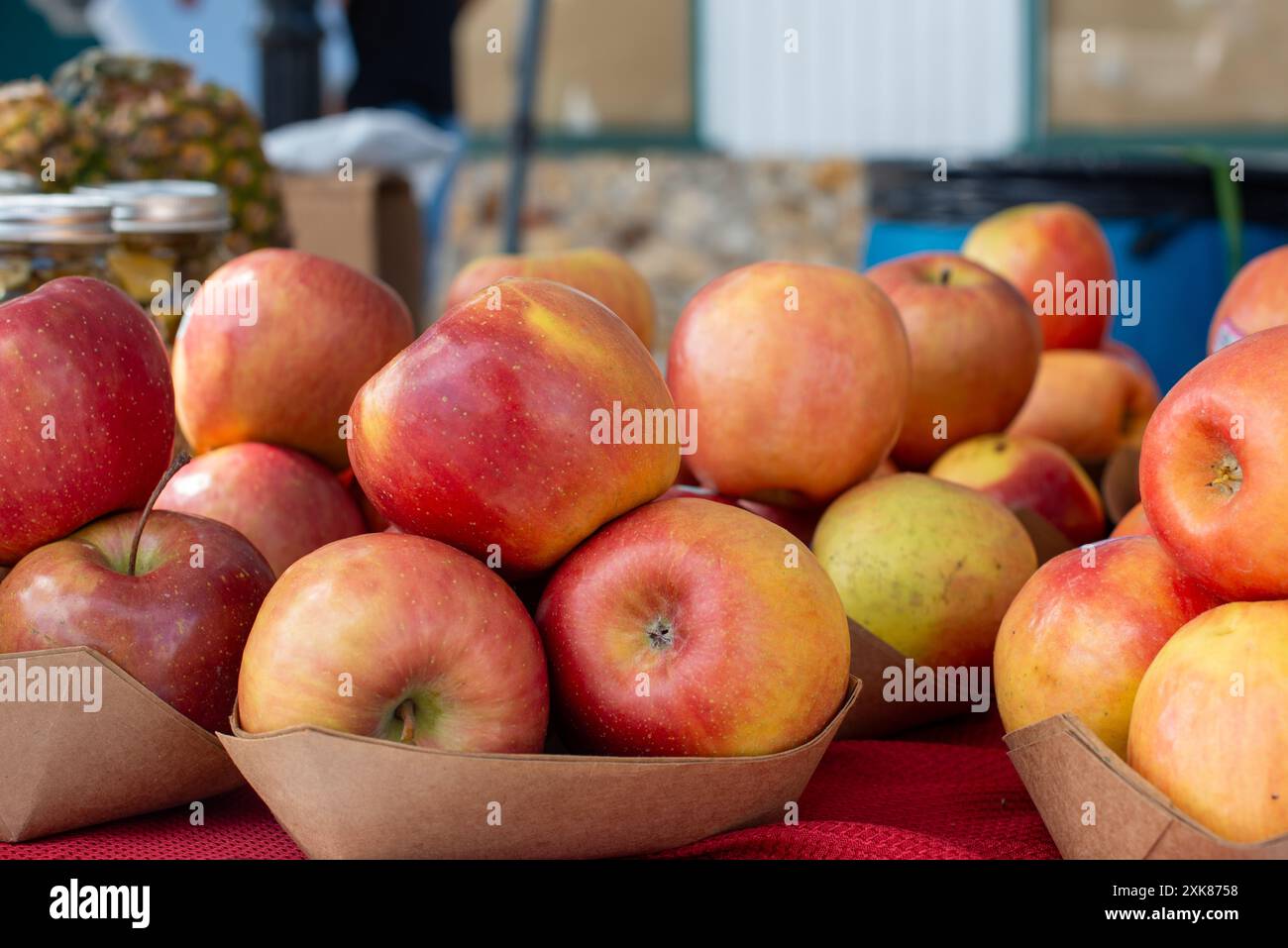 Una pila o una fornitura di grandi mele rosse mature Fuji su un tavolo per la vendita al mercato agricolo. Le mele sono in vassoi di cartone in vendita. Foto Stock
