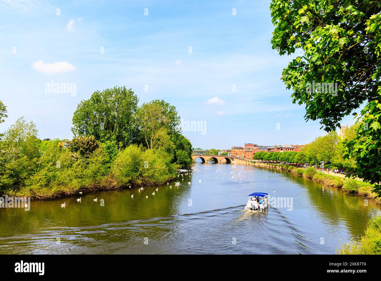 Vista lungo il fiume Severn fino a ward Worcester Bridge a Worcester, una città cattedrale e cittadina di contea di Worcestershire, West Midlands, Inghilterra Foto Stock