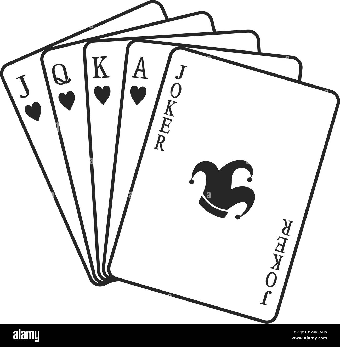 Un fan di cuori che gioca a carte come Jack, regina, re, asso e jolly nel profilo vettoriale Illustrazione Vettoriale