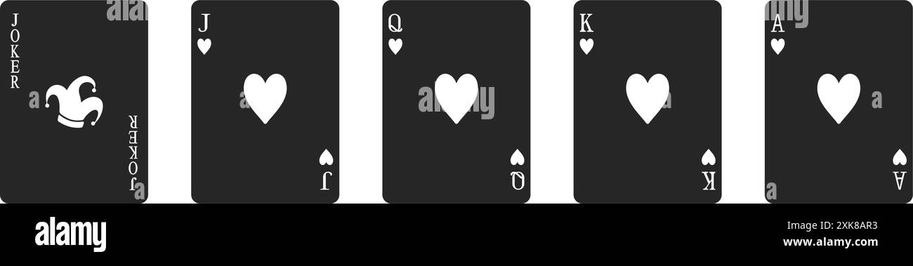 Set di carte da gioco di cuori di alto valore, tra cui Jack, regina, re, asso e jolly in vettore di silhouette Illustrazione Vettoriale