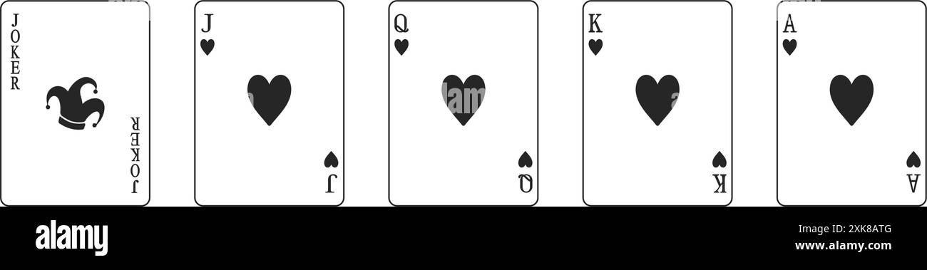 Set di carte da gioco di cuori di alto valore, tra cui Jack, regina, re, asso e jolly in contorno vettoriale Illustrazione Vettoriale