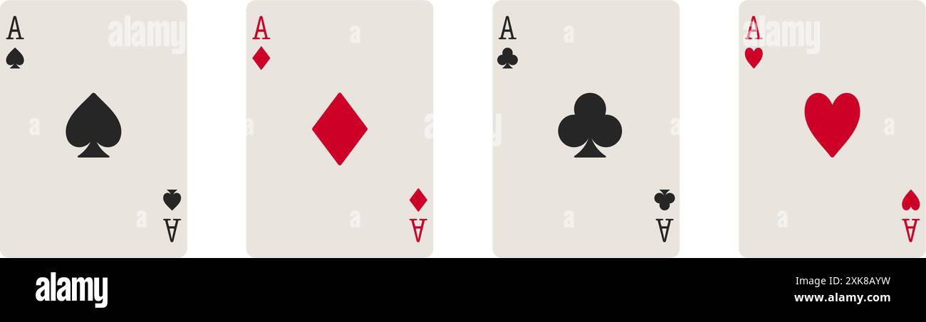 Set di tutte e quattro le carte da gioco di assi, tra cui cuori, diamanti, mazze e picche in vettore Illustrazione Vettoriale